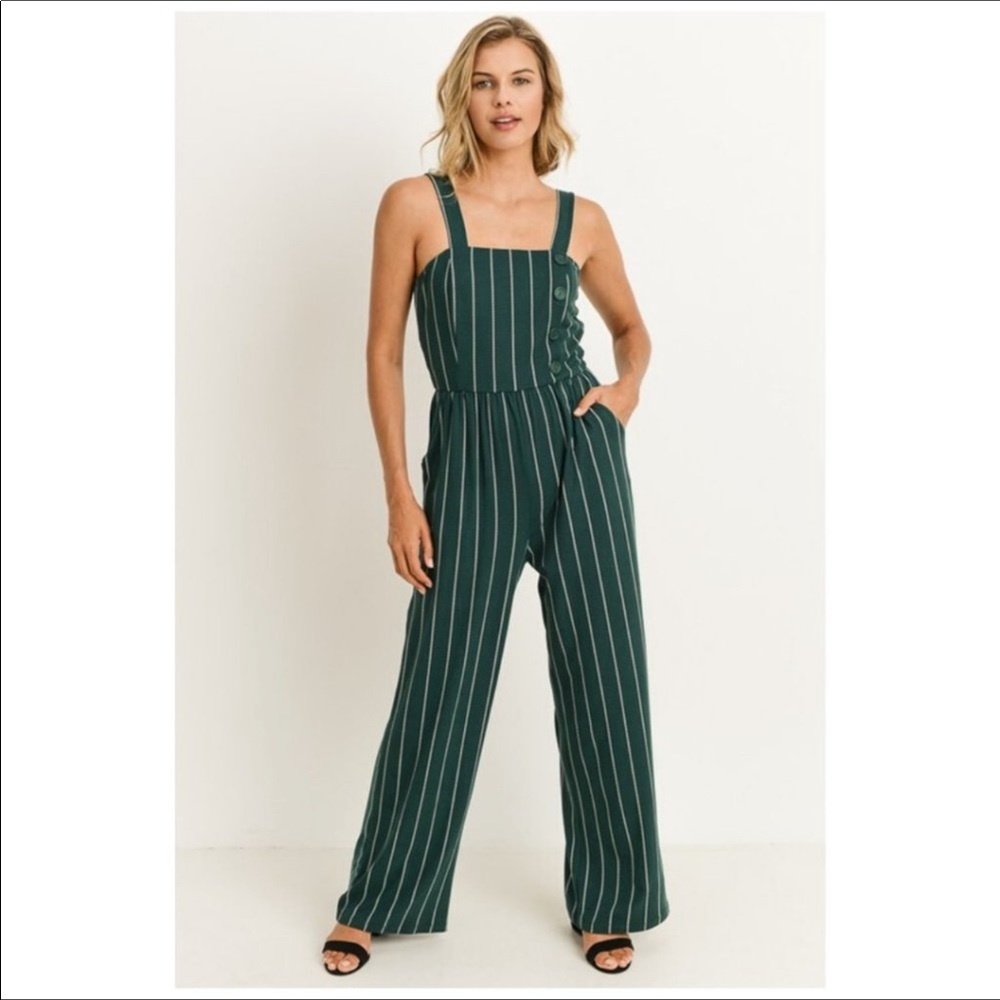 NWOT  INCREDIBLE Green Striped Button Trim Jumpsuit! Very chic & spring ready!